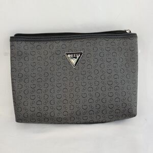 Guess Pouch G Logo Monogram Cosmetic Makeup Bag Clutch Gray Black Silver Tone